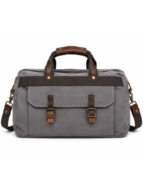 S-Zone Oversized Leather Canvas Duffle/Weekend Bag  (Gray & Brown)